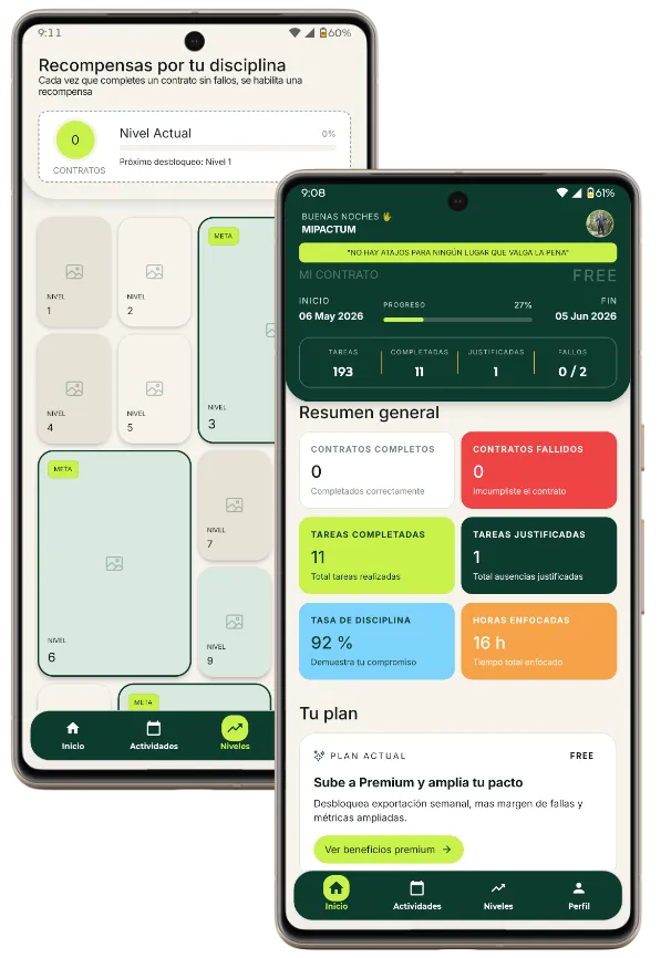 Mockup de la aplicación MiPactum lista para descargar enfocada en disciplina