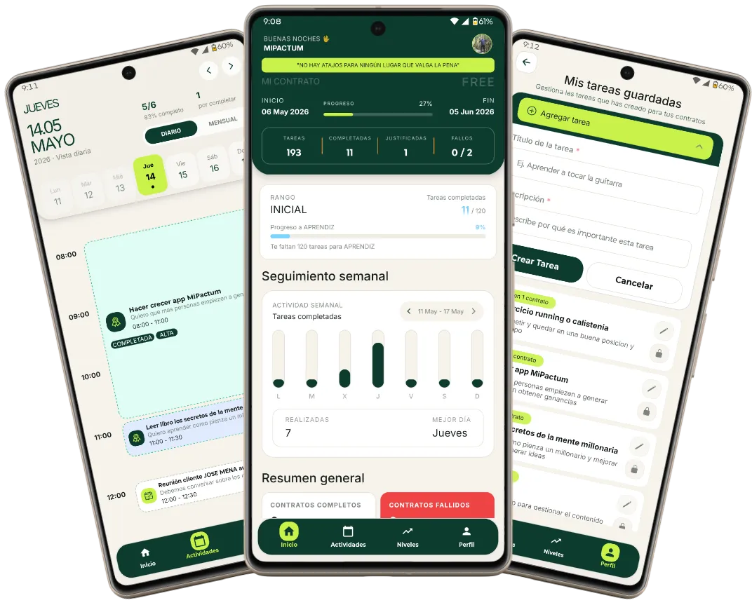 Mockup de la aplicación MiPactum mostrando contratos de disciplina y metas personales